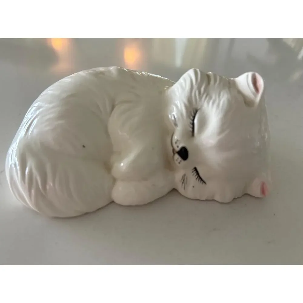 Vintage White Ceramic Sleeping Persian Cat Figurine Cottagecore Kitsch Decor